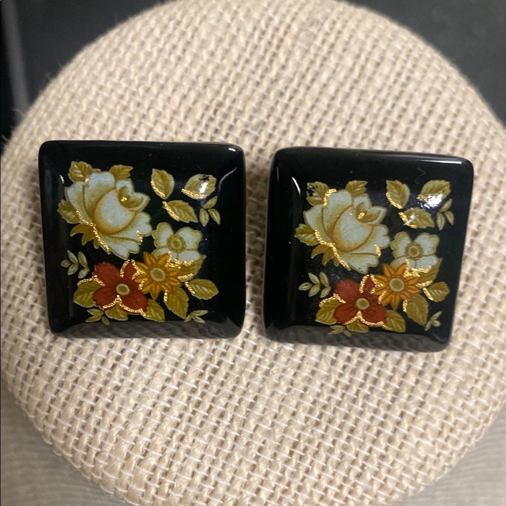 Floral Black and Gold Vintage Earrings